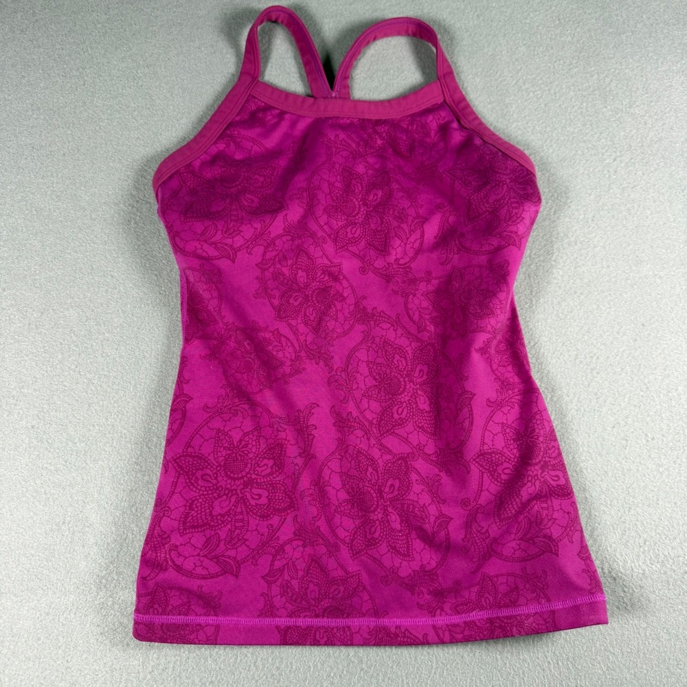Lululemon Womens Size 4 Pink Floral Lace Racerback Tank Top Shelf Bra Pocket